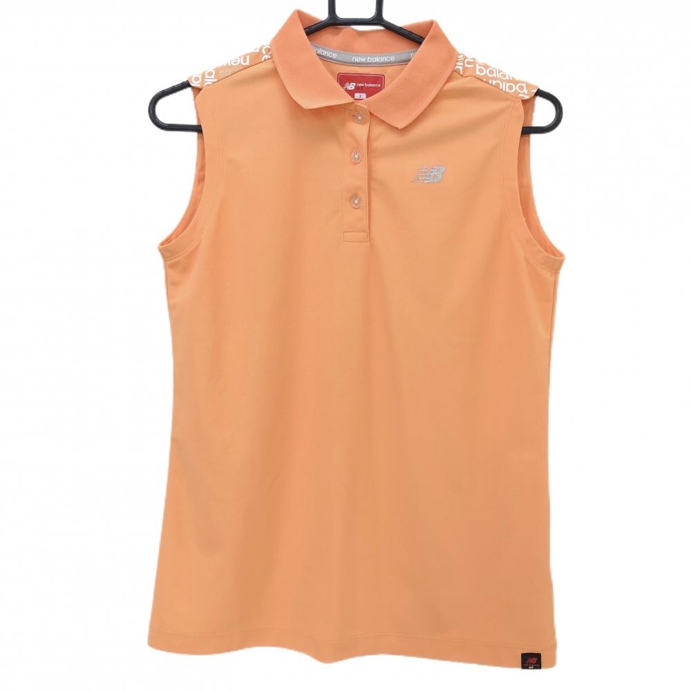 【超美品】ニューバランスゴルフ ノースリーブポロシャツ オレンジ×白 肩一部ロゴ総柄  レディース 2(L) ゴルフウェア New Balance