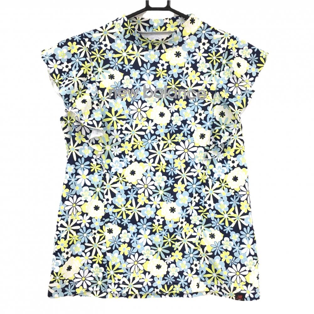【美品】ニューバランスゴルフ ノースリーブハイネックシャツ ネイビー×イエロー 花柄  レディース 2(L) ゴルフウェア New Balance