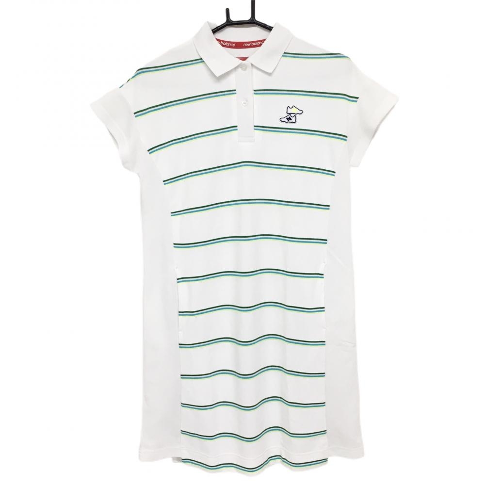 ニューバランス 半袖ポロワンピース 白×グリーン ボーダー シューズワッペン レディース 1(M) ゴルフウェア New Balance
