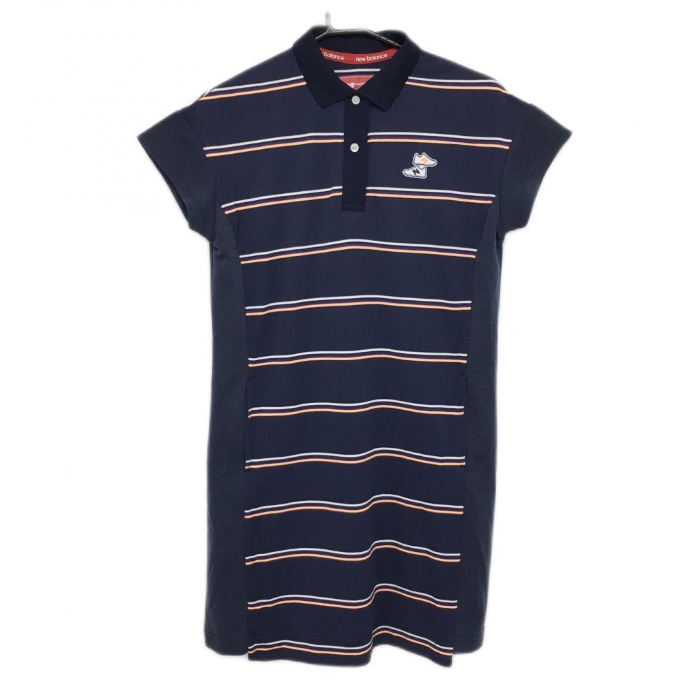【超美品】ニューバランスゴルフ 半袖ポロワンピース ネイビー×オレンジ ボーダー バックロゴ レディース 1(M) ゴルフウェア New Balance
