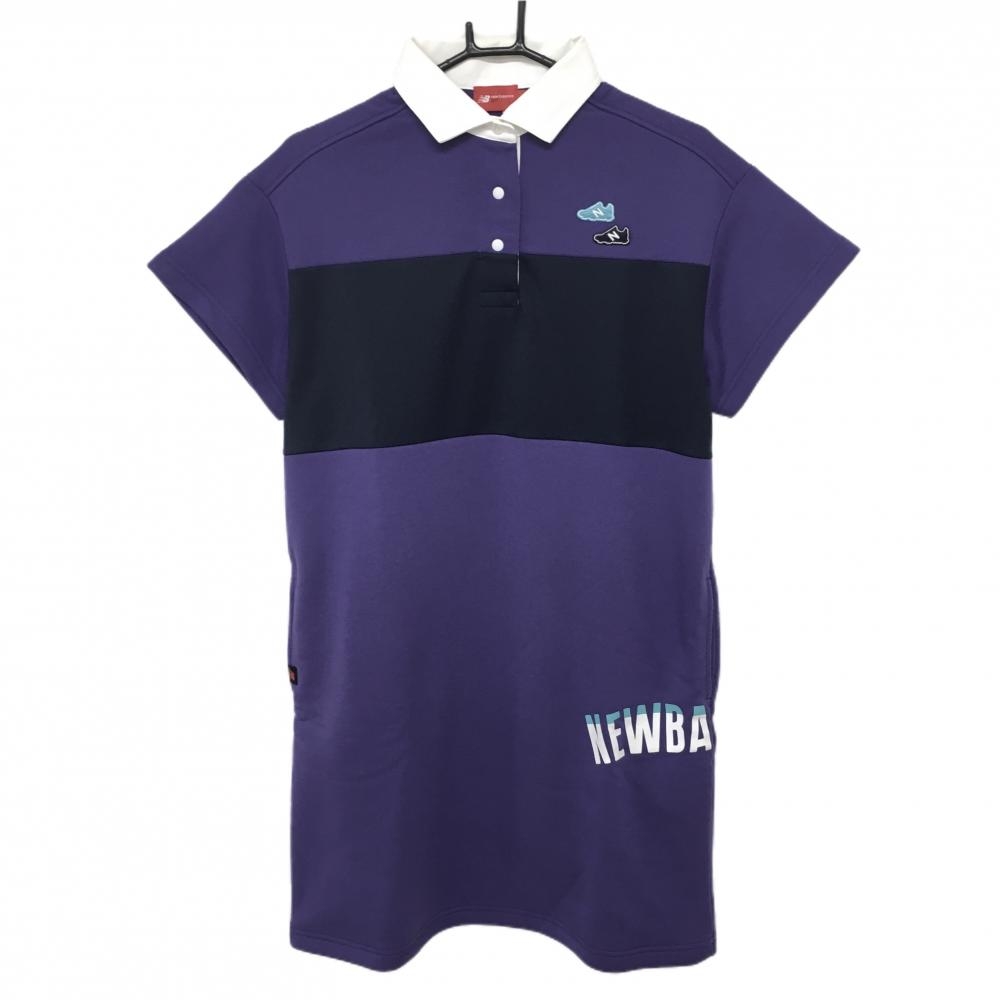 ニューバランスゴルフ 半袖ワンピース パープル×ネイビー 裏起毛 ロゴワッペン  レディース 2(L) ゴルフウェア New Balance