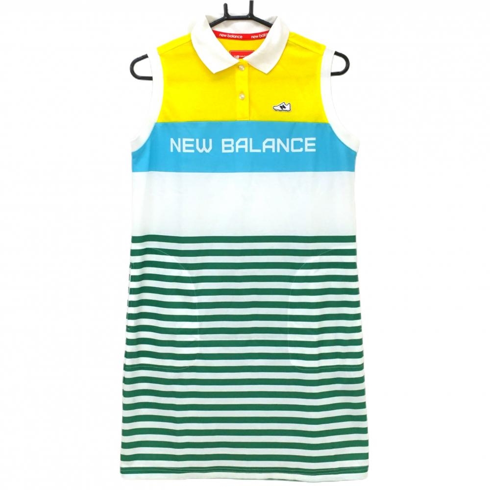 【超美品】ニューバランスゴルフ ノースリーブポロワンピース 白×グリーン スカート部ボーダー レディース 1(M) ゴルフウェア New Balance
