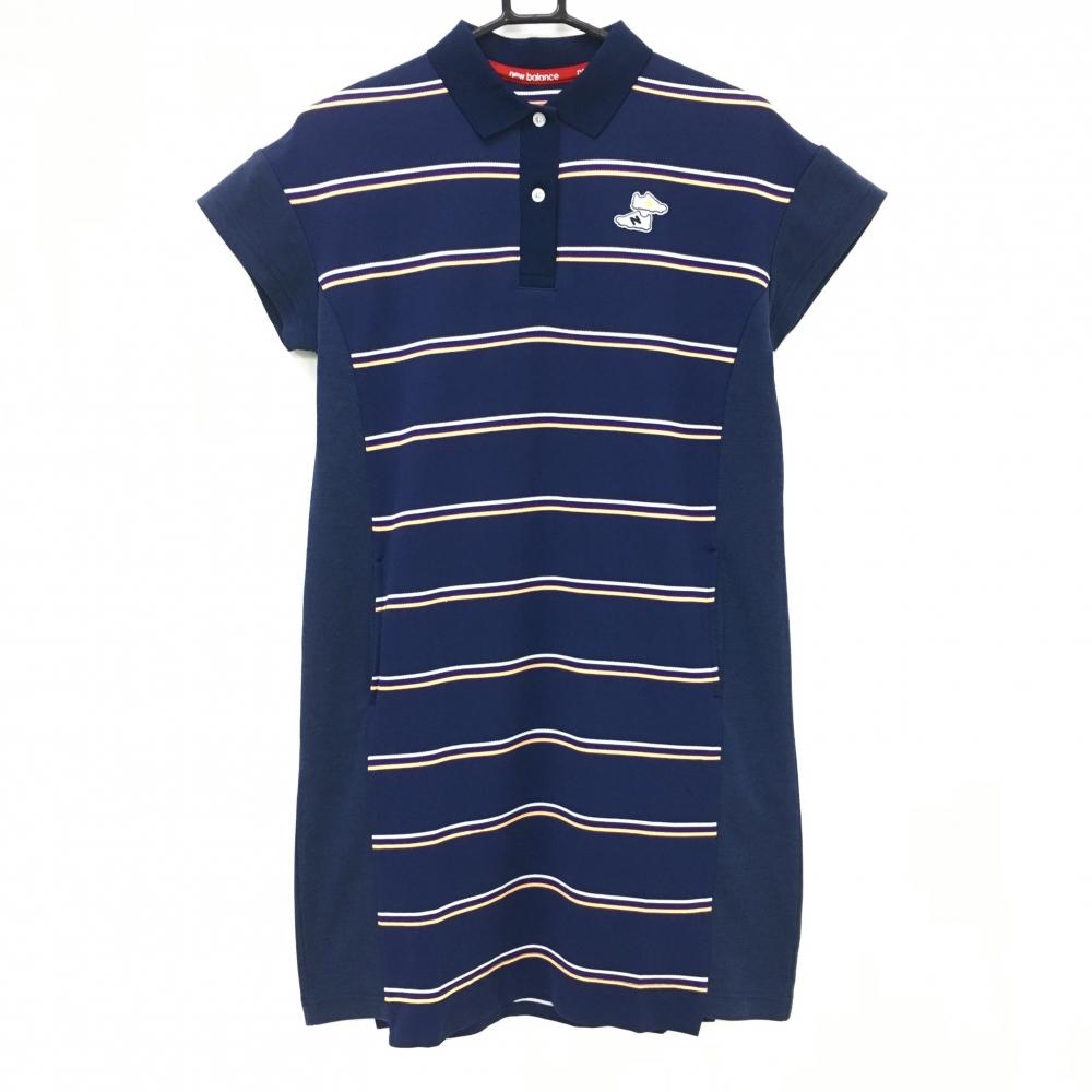 ニューバランスゴルフ 半袖ポロワンピース ネイビー×オレンジ ボーダー スニーカーワッペン  レディース 2(L) ゴルフウェア New Balance