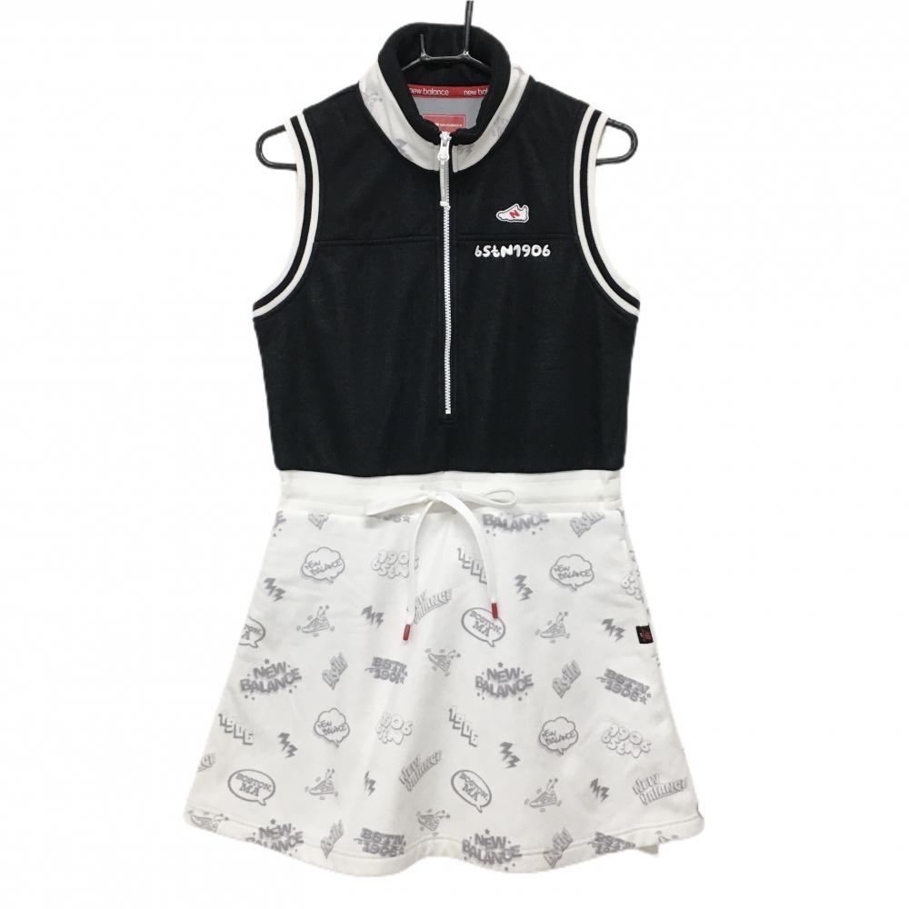【美品】ニューバランスゴルフ ノースリーブワンピース 黒×白 ネック・スカート部総柄 微起毛 レディース 1(M) ゴルフウェア New Balance