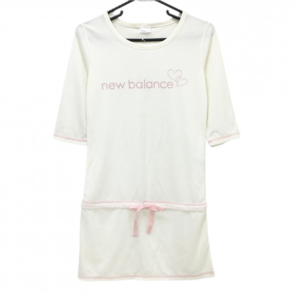 【新品】ニューバランス 半袖ワンピース アイボリー×ピンク系 五分袖 メッシュ調 ロゴラメ レディース M ゴルフウェア New Balance