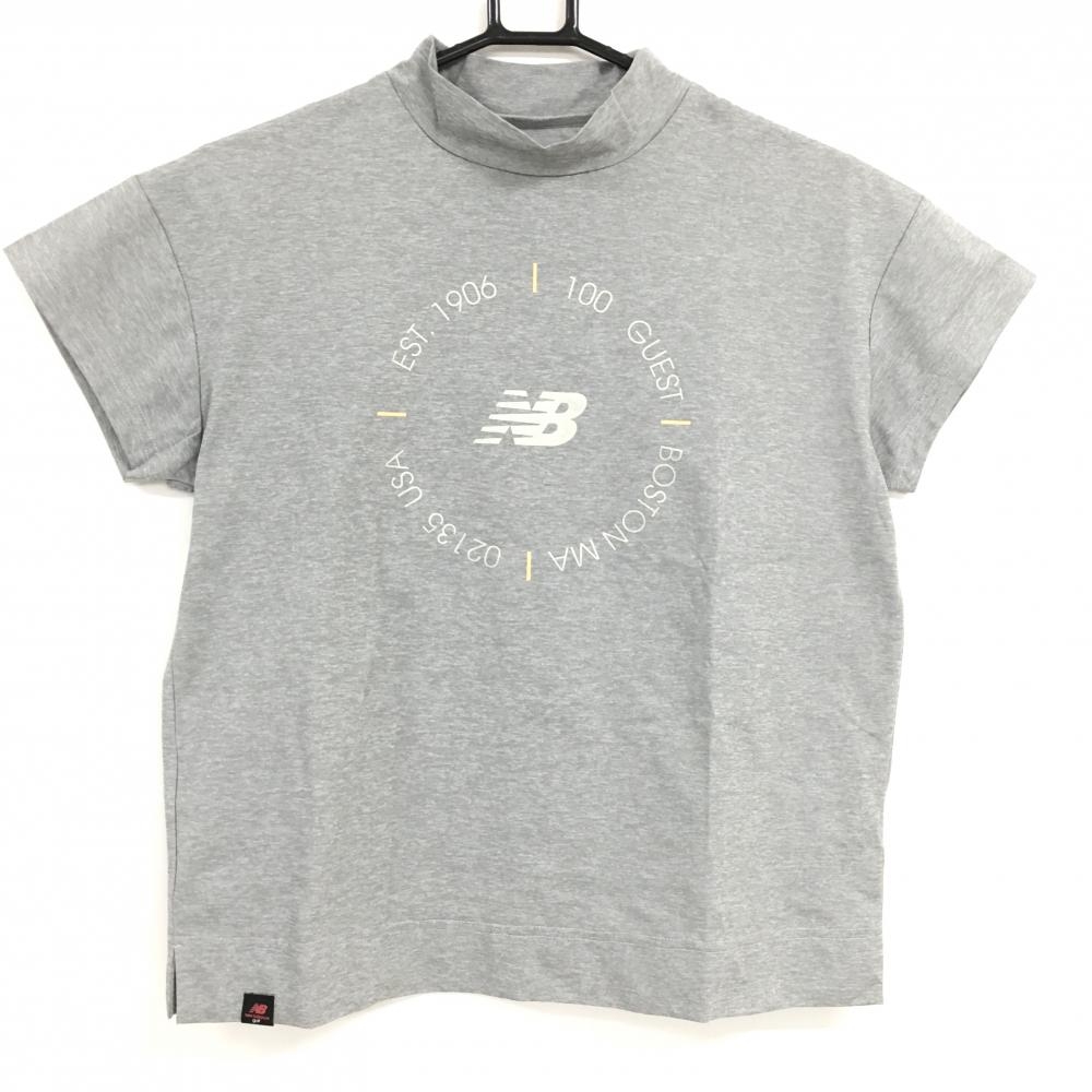【超美品】ニューバランス 半袖ハイネックシャツ 杢グレー ロゴシルバー レディース 0(S) ゴルフウェア 2022年モデル New Balance