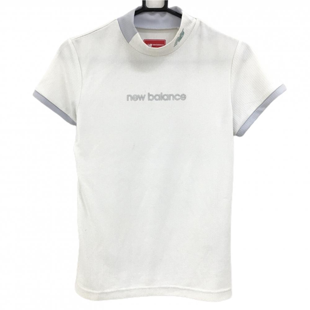 【美品】ニューバランスゴルフ 半袖ハイネックシャツ 白×ライトブルー系 織生地 レディース 2(L) ゴルフウェア 2023年モデル New Balance