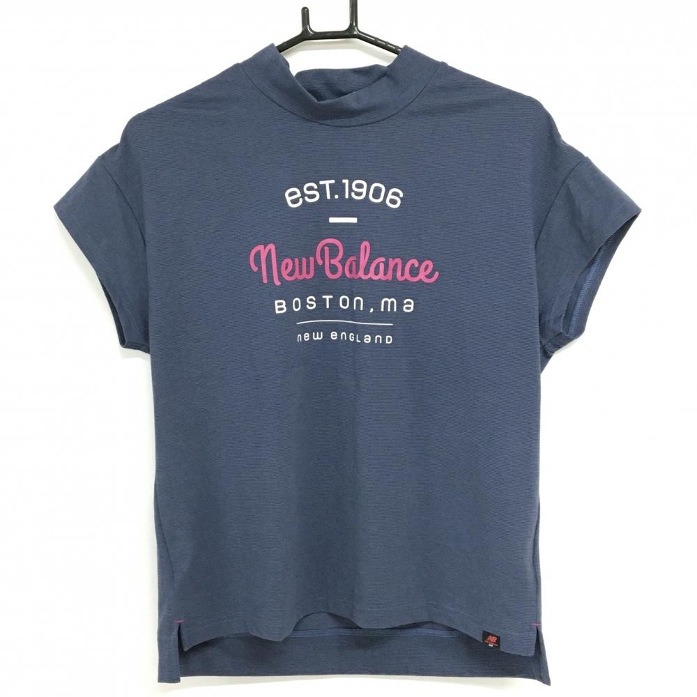【超美品】ニューバランスゴルフ 半袖ハイネックシャツ ネイビー 細ボーダー フロントロゴ レディース 2(L) ゴルフウェア New Balance