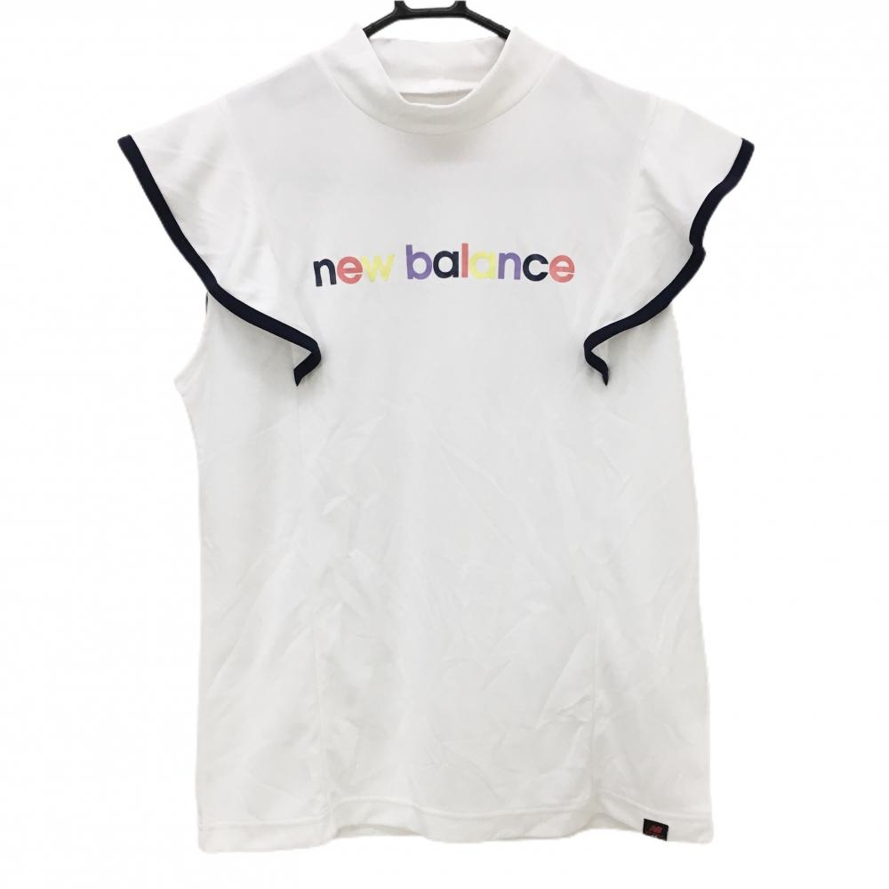 【美品】ニューバランスゴルフ 半袖ハイネックシャツ 白×ネイビー 袖フリル  レディース 2(L) ゴルフウェア 2023年モデル New Balance