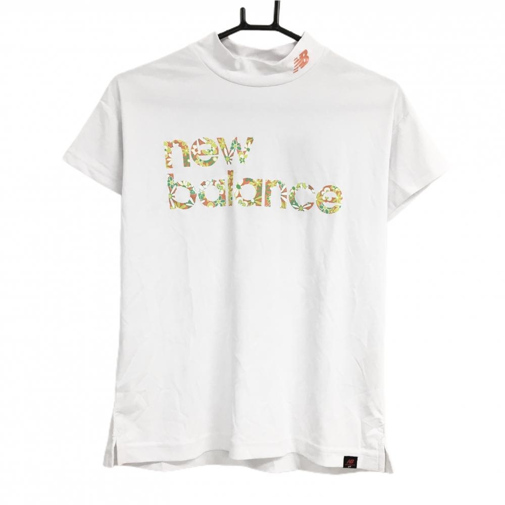 【新品】ニューバランス 半袖ハイネックシャツ 白×オレンジ ロゴ花柄 レディース 1(M) ゴルフウェア 2023年モデル New Balance