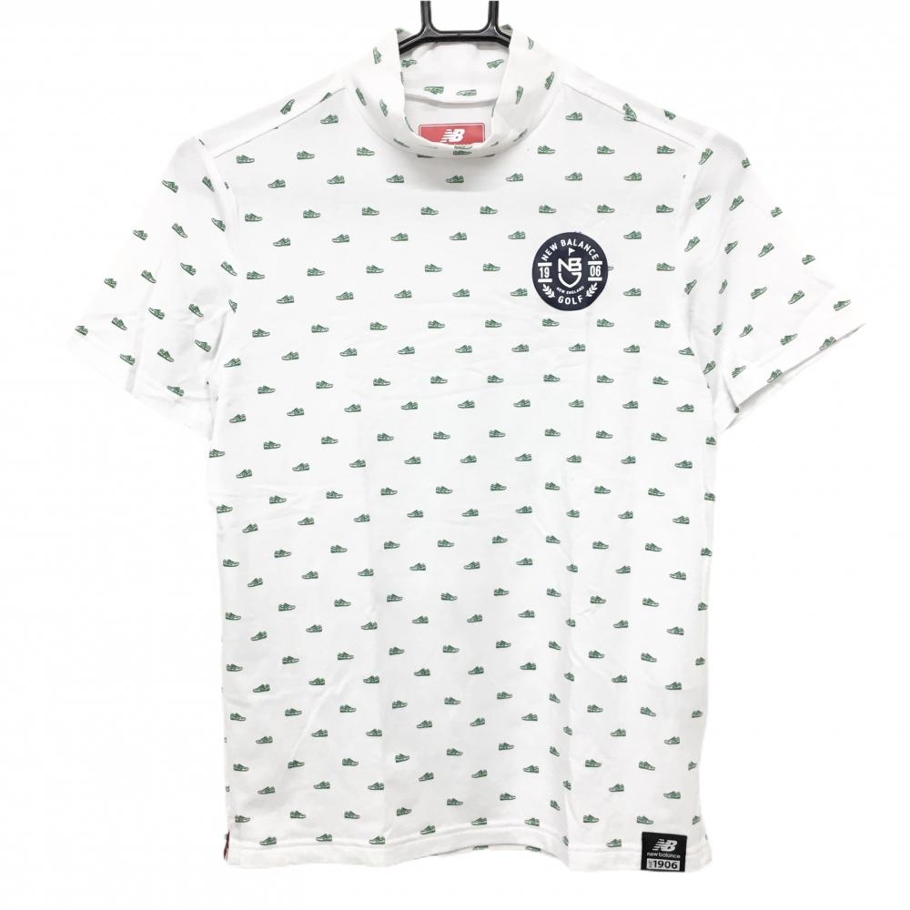 【美品】ニューバランスゴルフ 半袖ハイネックシャツ 白×グリーン シューズ総柄 レディース 1(M) ゴルフウェア New Balance