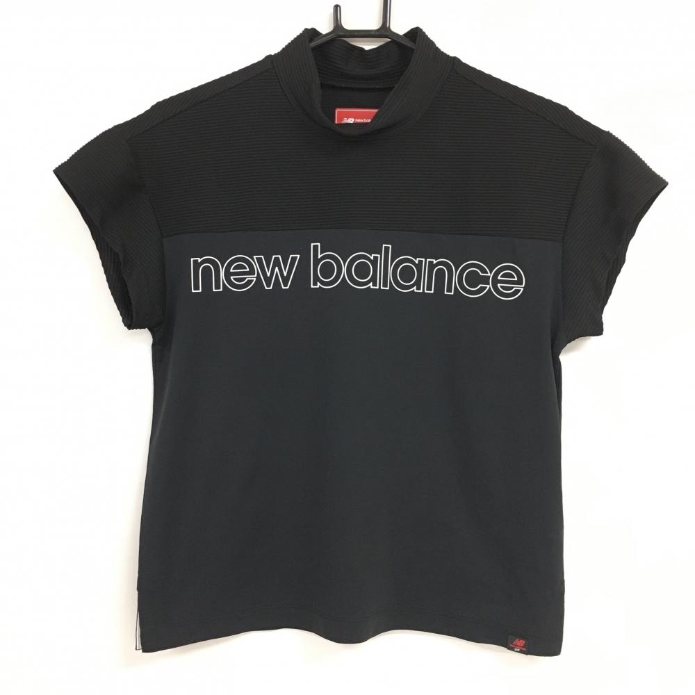 【超美品】ニューバランスゴルフ 半袖ハイネックシャツ 黒 胸上細ボーダー織生地 ロゴ白 レディース 1(M) ゴルフウェア New Balance