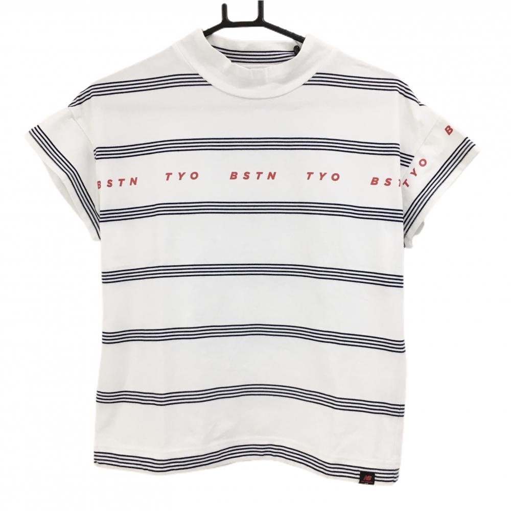 【超美品】ニューバランスゴルフ 半袖ハイネックシャツ 白×ネイビー ボーダー ロゴレッド  レディース 1(M) ゴルフウェア New Balance