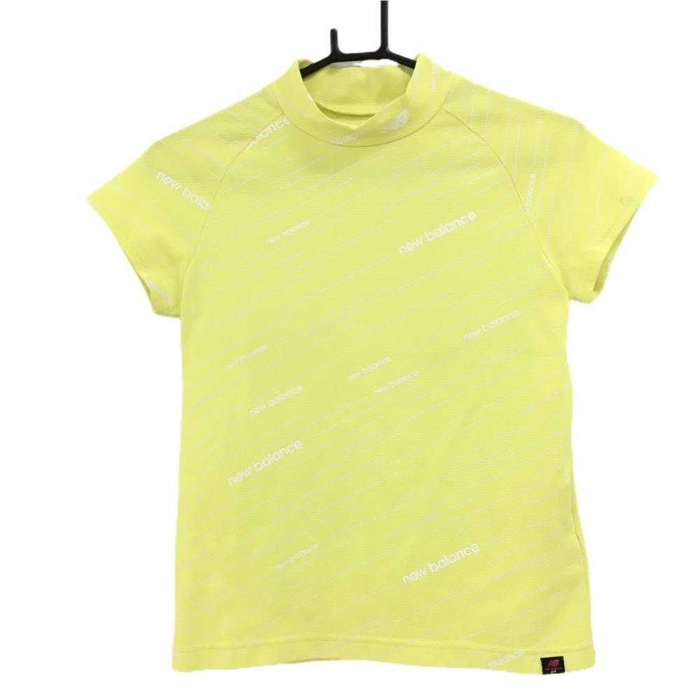 【美品】ニューバランスゴルフ 半袖ハイネックシャツ イエロー×白 ロゴ総柄 斜めストライプ調  レディース 0(S) ゴルフウェア New Balance