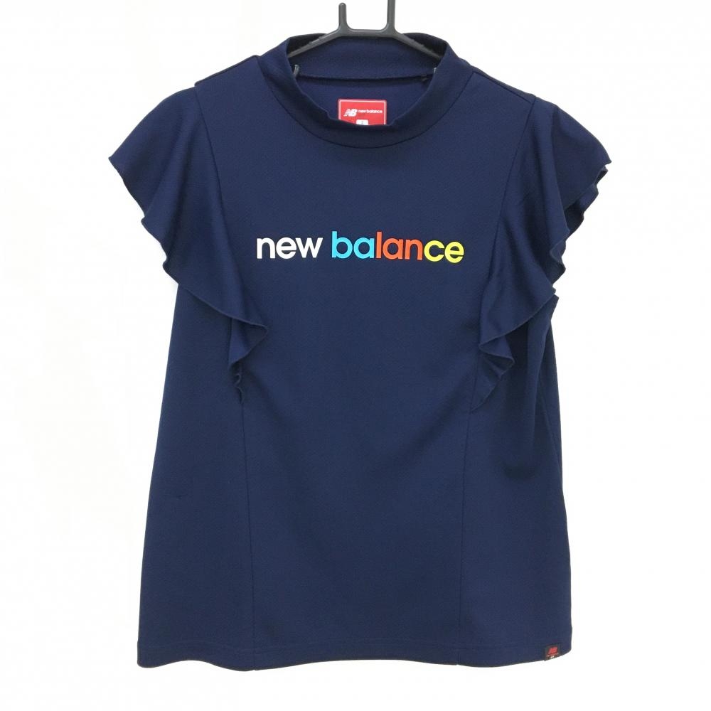 【超美品】ニューバランスゴルフ 半袖ハイネックシャツ ネイビー 胸ロゴプリント 袖フリル レディース 2(L) ゴルフウェア New Balance