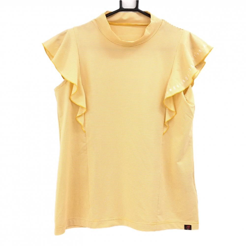 【超美品】ニューバランスゴルフ 半袖ハイネックシャツ オレンジ×白 袖フリル チェック風 レディース 1(M) ゴルフウェア New Balance