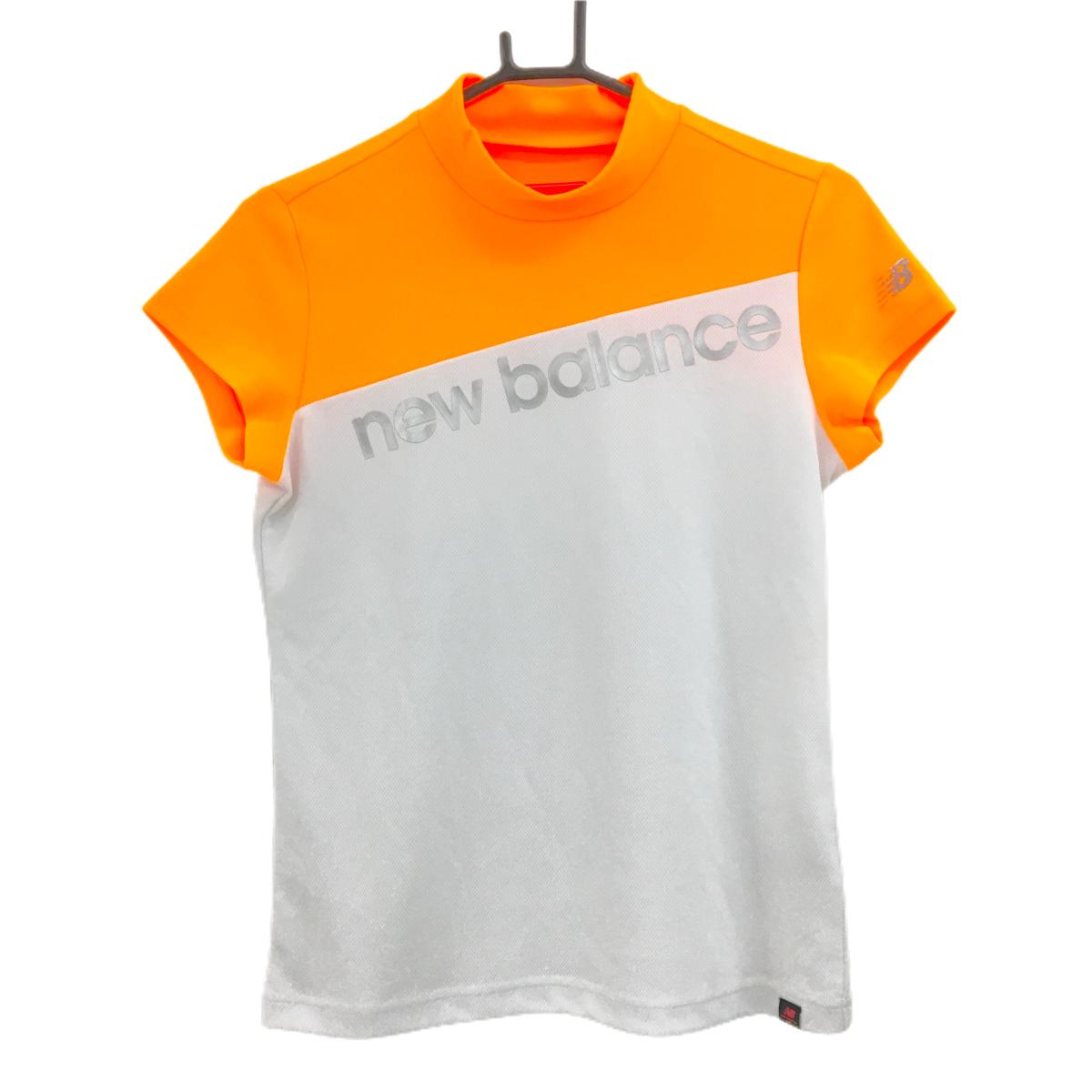 【超美品】ニューバランスゴルフ 半袖ハイネックシャツ 蛍光オレンジ×白 シルバーロゴプリント レディース 1(M) ゴルフウェア New Balance