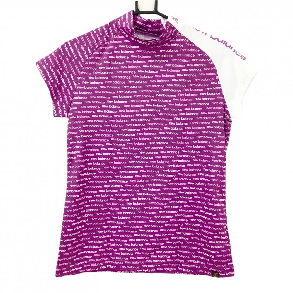 【新品】ニューバランスゴルフ 半袖ハイネックシャツ パープル×白 ロゴ総柄  レディース 2(L) ゴルフウェア New Balance