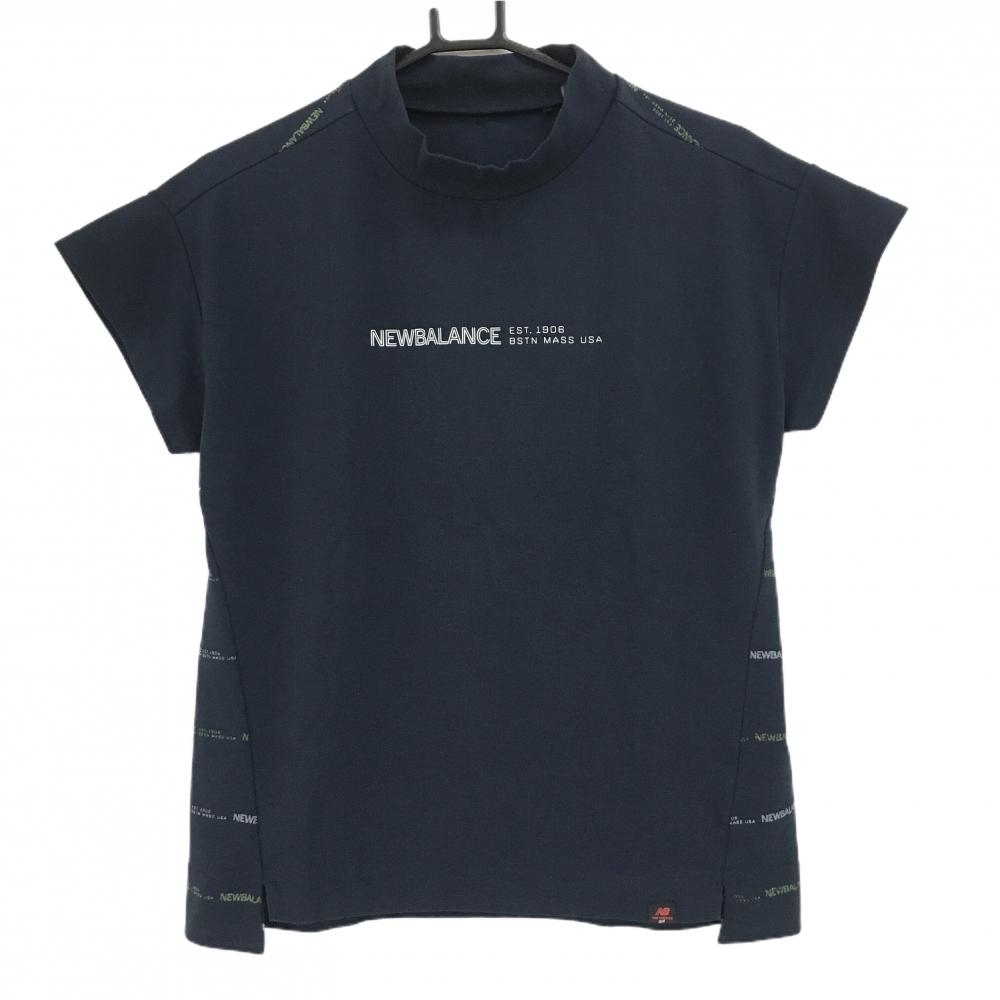 【美品】ニューバランスゴルフ 半袖ハイネックシャツ ネイビー×白 背面ロゴ総柄 レディース 2(L) ゴルフウェア New Balance