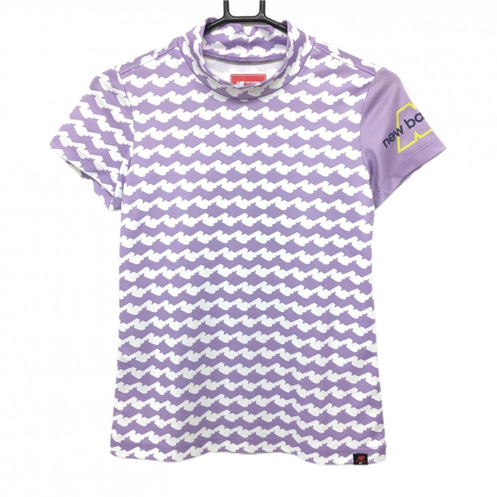 【超美品】ニューバランスゴルフ 半袖ハイネックシャツ パープル×白 総柄 レディース 0(S) ゴルフウェア New Balance