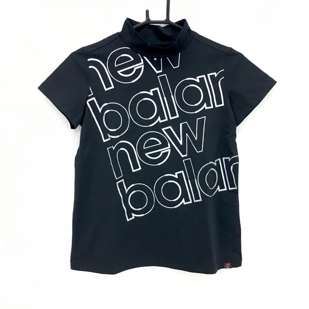 【超美品】ニューバランス 半袖ハイネックシャツ 黒×シルバー ロゴプリント レディース 0(S) ゴルフウェア New Balance
