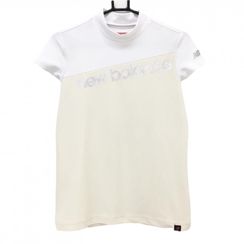 ニューバランスゴルフ 半袖ハイネックシャツ 白×ベージュ ロゴシルバー バイカラー レディース 2(L) ゴルフウェア New Balance