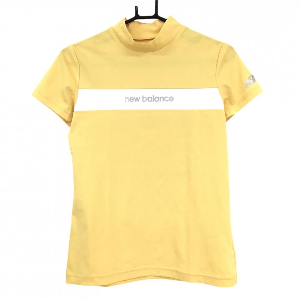 【美品】ニューバランスゴルフ 半袖ハイネックシャツ イエロー×白 胸ライン ロゴシルバー レディース 2(L) ゴルフウェア New Balance