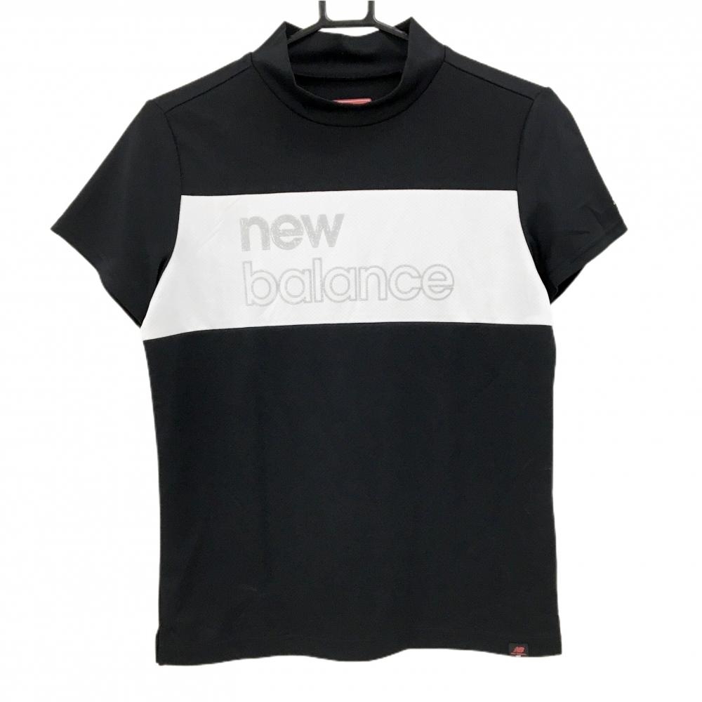 【美品】ニューバランスゴルフ 半袖ハイネックシャツ 黒×白 胸ライン ロゴシルバー レディース 2(L) ゴルフウェア New Balance