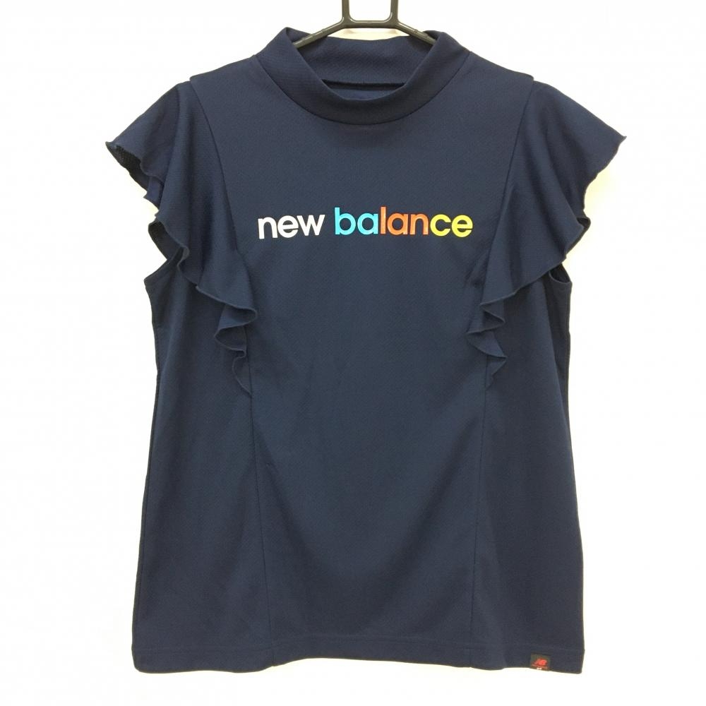 【新品】ニューバランスゴルフ 半袖ハイネックシャツ ネイビー ロゴマルチカラー 袖フリル  レディース 1(M) ゴルフウェア New Balance