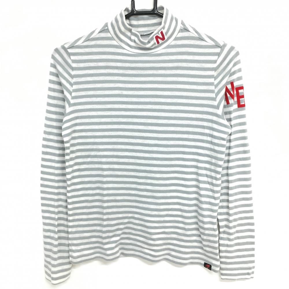 ニューバランス 長袖ハイネックシャツ ライトグレー×白 ボーダー  ニット アクリル混  レディース 1(M) ゴルフウェア New Balance