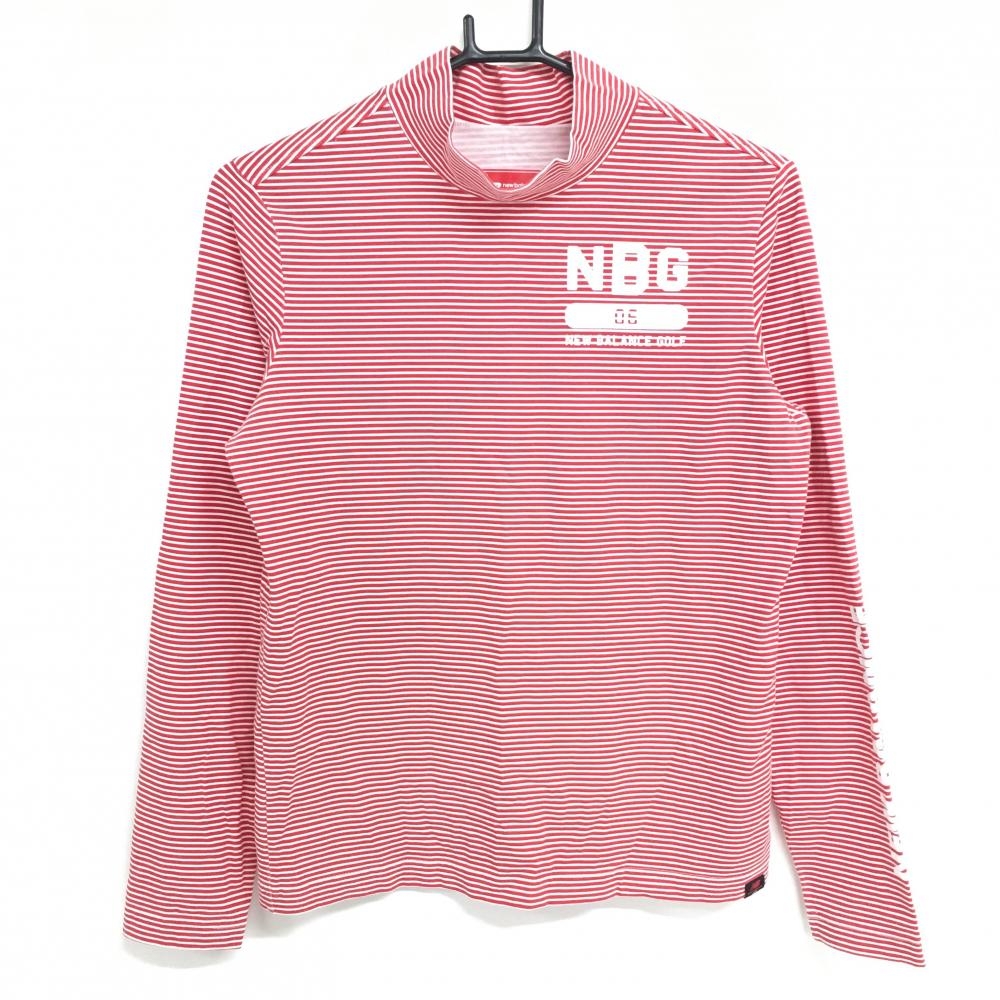 【美品】ニューバランス 長袖ハイネックシャツ レッド×白 ボーダー フロッキープリント  レディース 2(L) ゴルフウェア New Balance