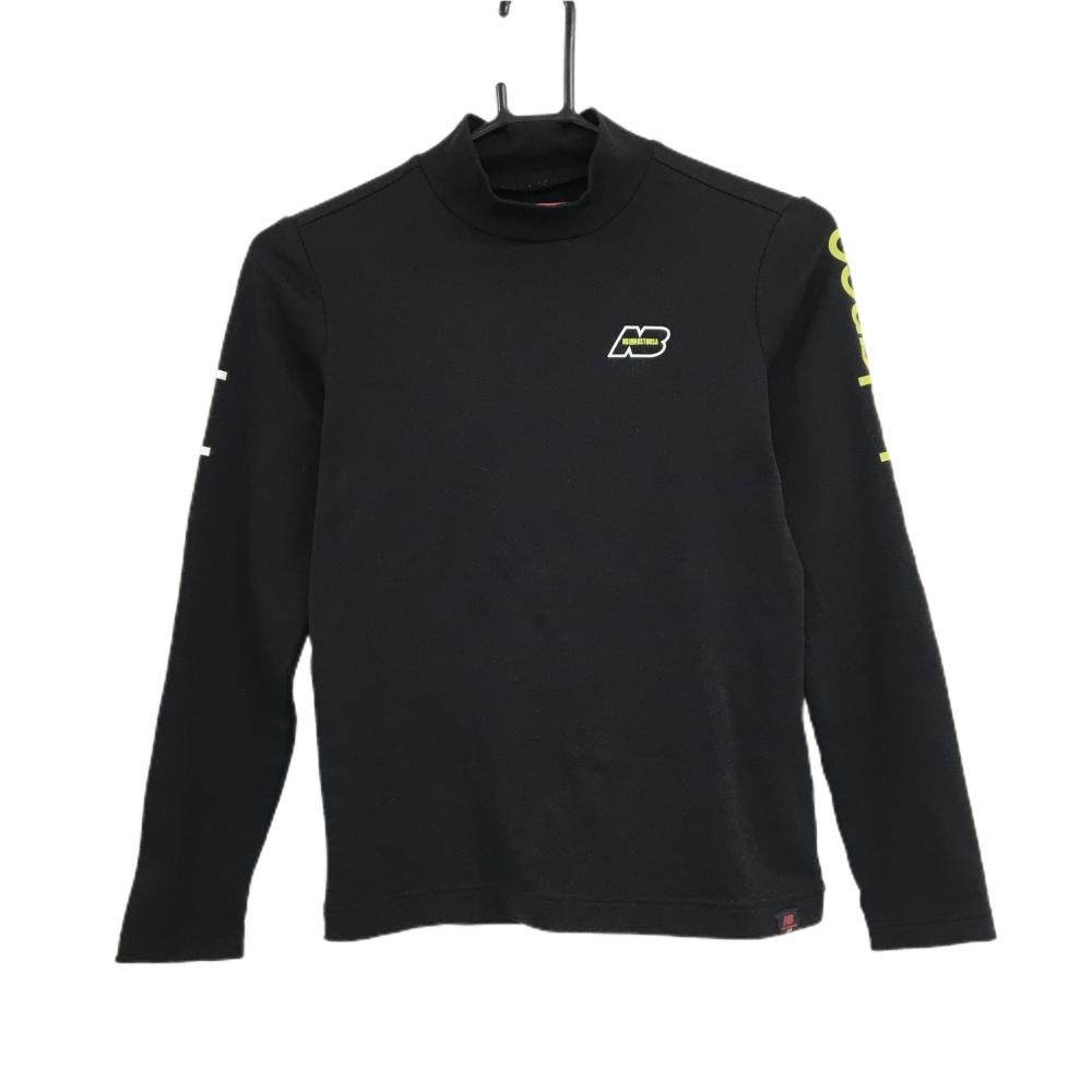 【美品】ニューバランスゴルフ 長袖ハイネックシャツ 黒×白×ライムグリーン 袖ロゴプリント レディース 0(S) ゴルフウェア New Balance