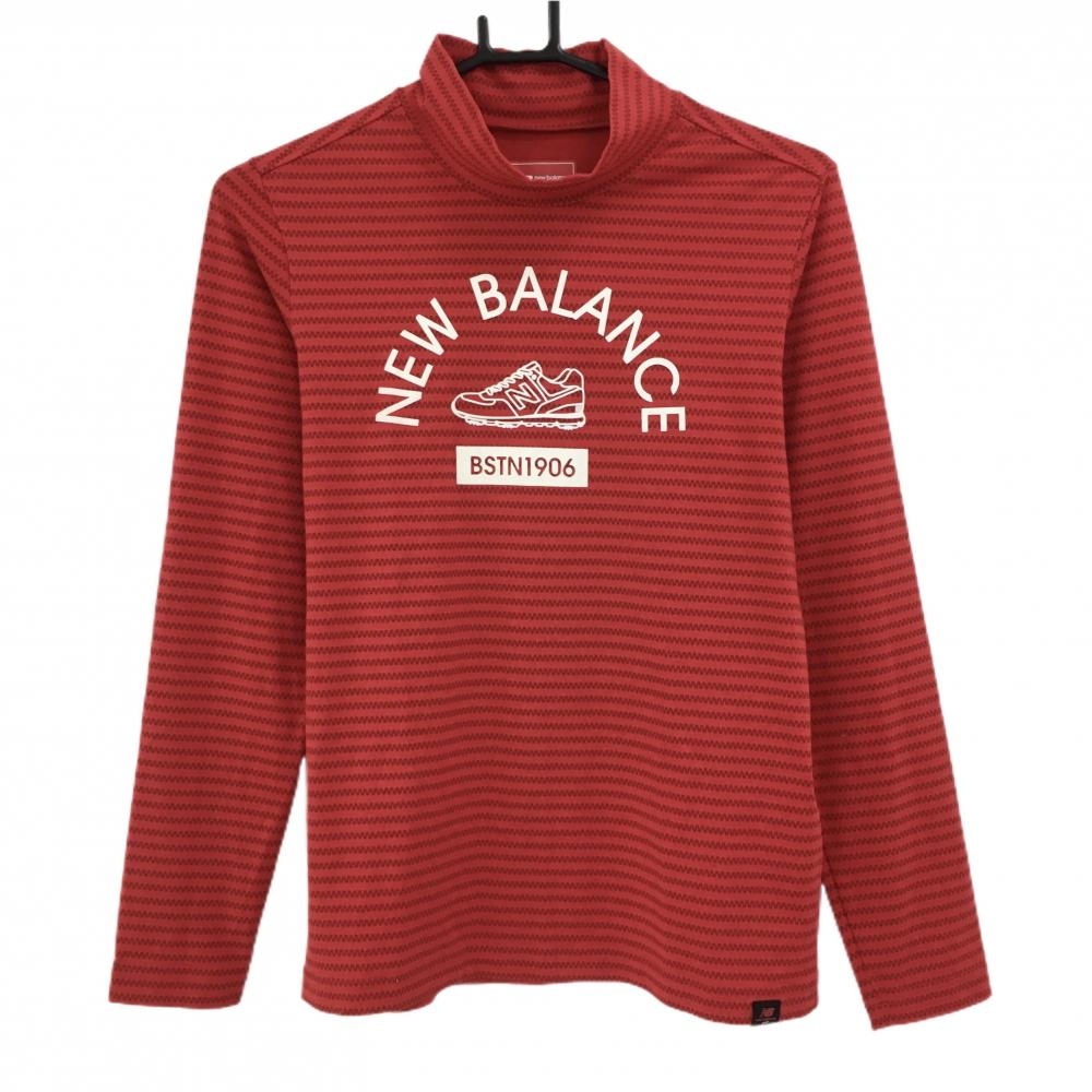 【超美品】ニューバランスゴルフ 長袖ハイネックシャツ レッド ギザギザボーダー風 レディース 2(L) ゴルフウェア New Balance