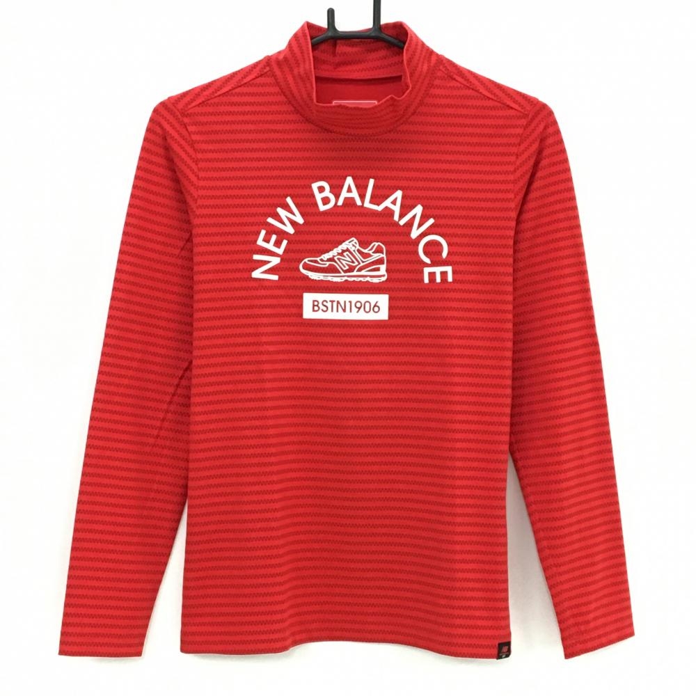 【美品】ニューバランスゴルフ 長袖ハイネックシャツ レッド×白 スニーカーワッペン  レディース 2(L) ゴルフウェア New Balance