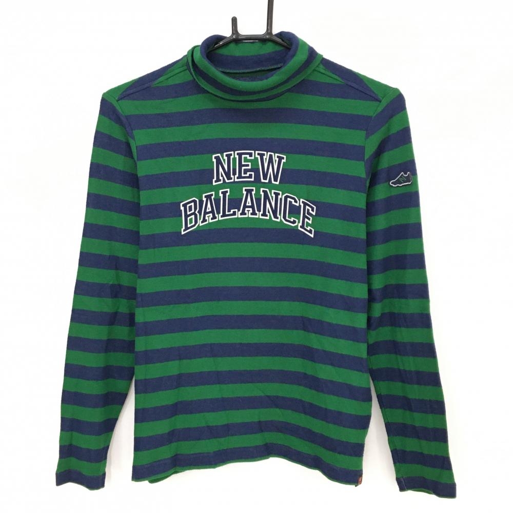 【美品】ニューバランスゴルフ 長袖タートルネックシャツ ネイビー×グリーン ボーダー 表起毛 レディース 2(L) ゴルフウェア New Balance