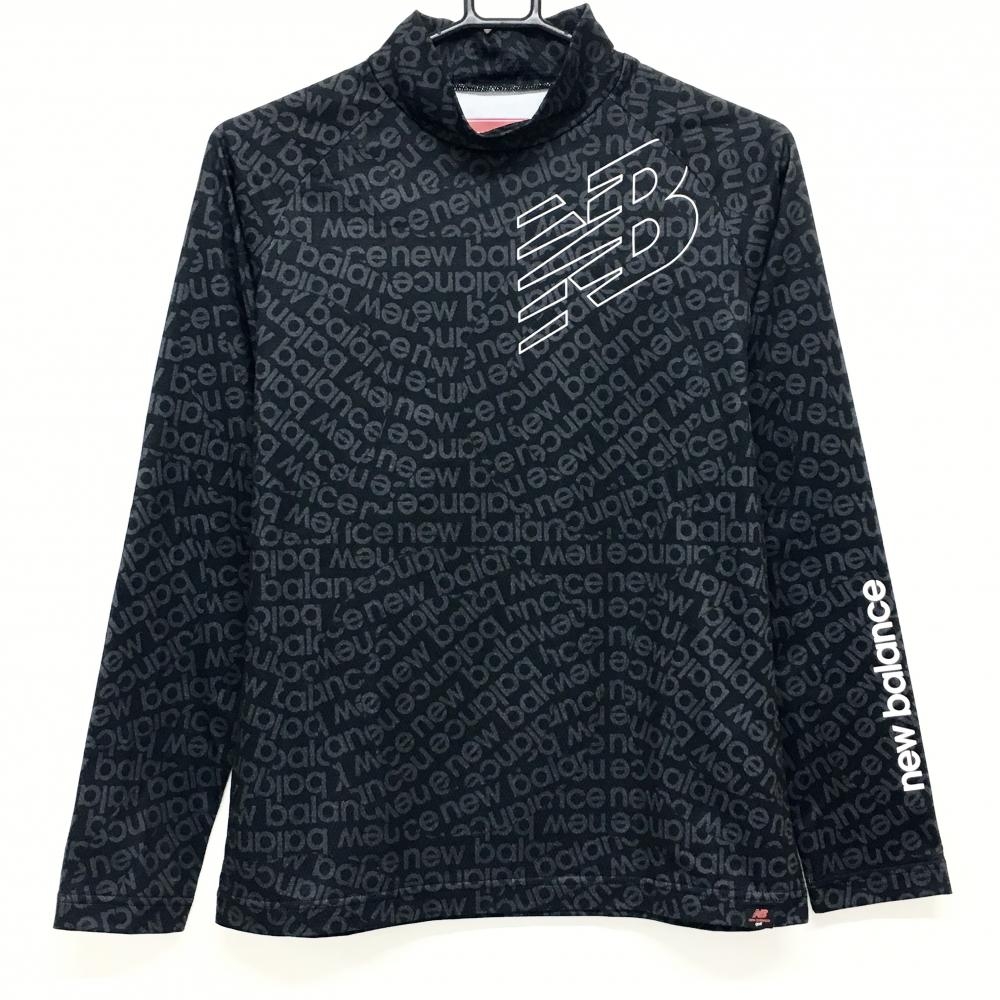 【超美品】ニューバランスゴルフ 長袖ハイネックシャツ 黒×グレー ロゴ総柄  レディース 2(L) ゴルフウェア New Balance