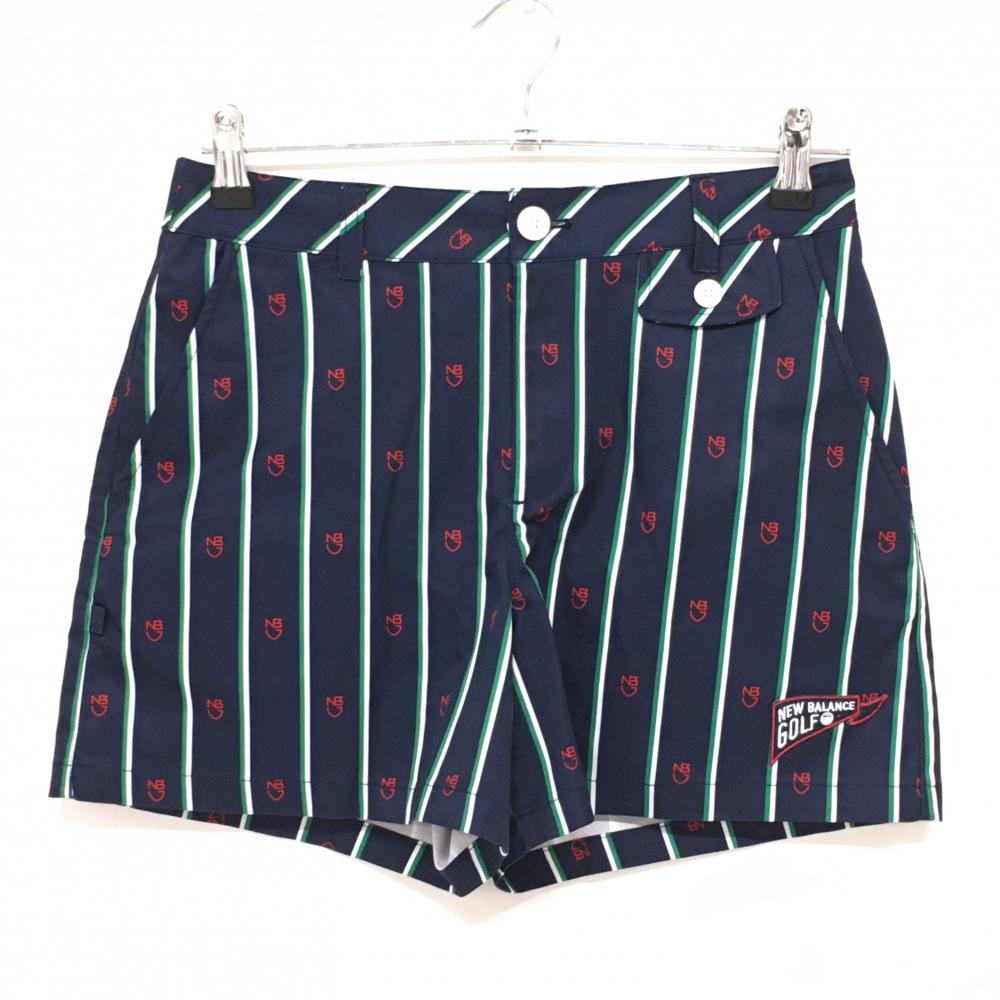 【美品】ニューバランスゴルフ ショートパンツ ネイビー×グリーン ストライプ ロゴ総柄 レディース 1(M) ゴルフウェア New Balance