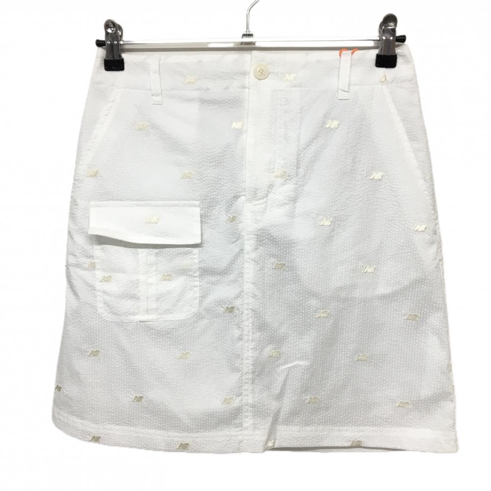【新品】ニューバランスゴルフ スカート 白×ライトベージュ系 ロゴ総柄刺しゅう サッカー生地 レディース 0(S) ゴルフウェア New Balance