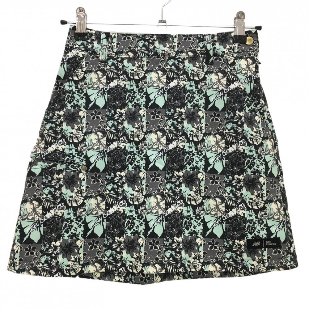 【超美品】ニューバランス スカート ライトグリーン×黒 ハイビスカス柄 レディース 00(XS) ゴルフウェア 2022年モデル New Balance