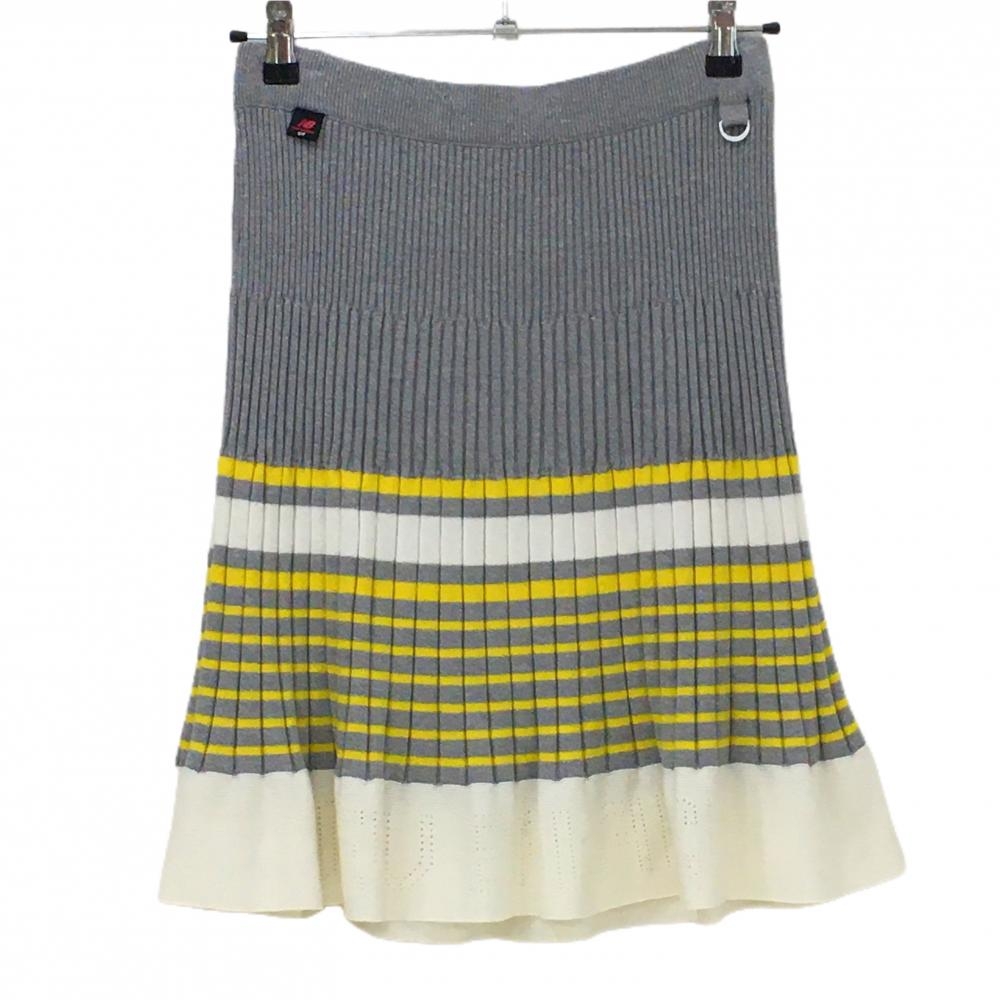 【美品】ニューバランスゴルフ ニットスカート グレー×イエロー リブ織 裾ボーダー  レディース 1(M) ゴルフウェア New Balance