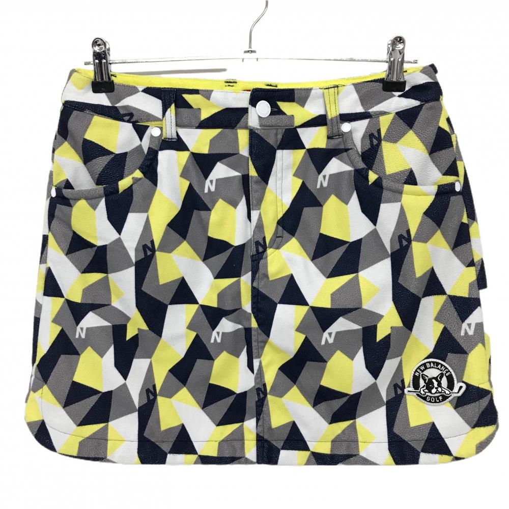 【美品】ニューバランスゴルフ スカート グレー×ネイビー×イエロー 総柄 表裏起毛 レディース 2(L) ゴルフウェア New Balance