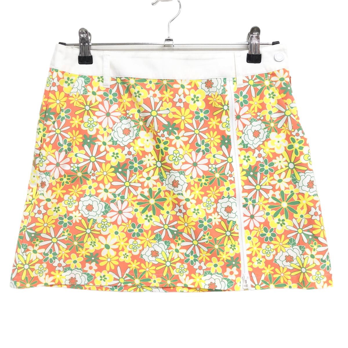 【美品】ニューバランスゴルフ スカート オレンジ×白 花柄 一部ジップ ウエスト跡 レディース 1(M) ゴルフウェア New Balance