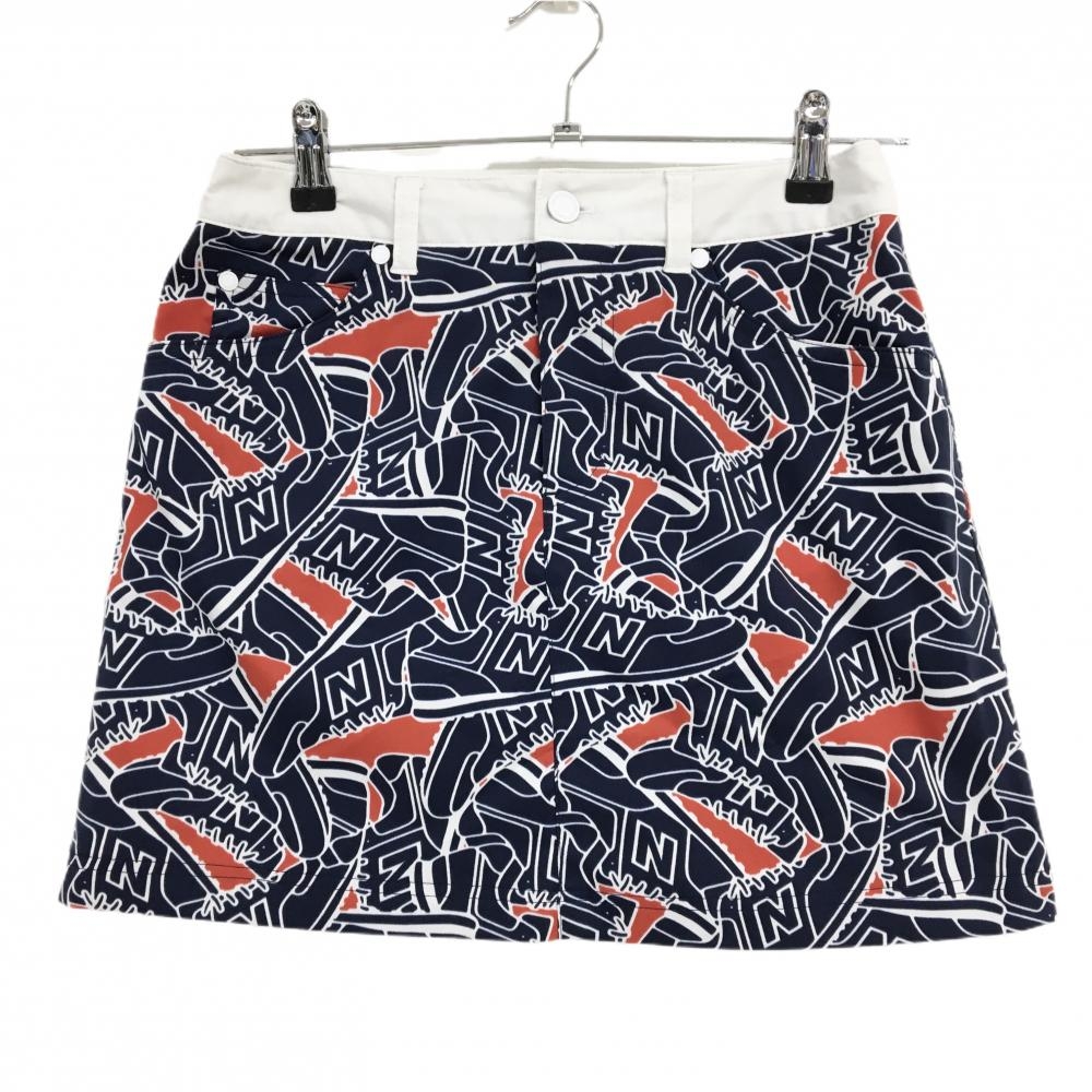 【美品】ニューバランスゴルフ スカート ネイビー×白 スニーカー総柄 ワッペン  レディース 0(S) ゴルフウェア New Balance