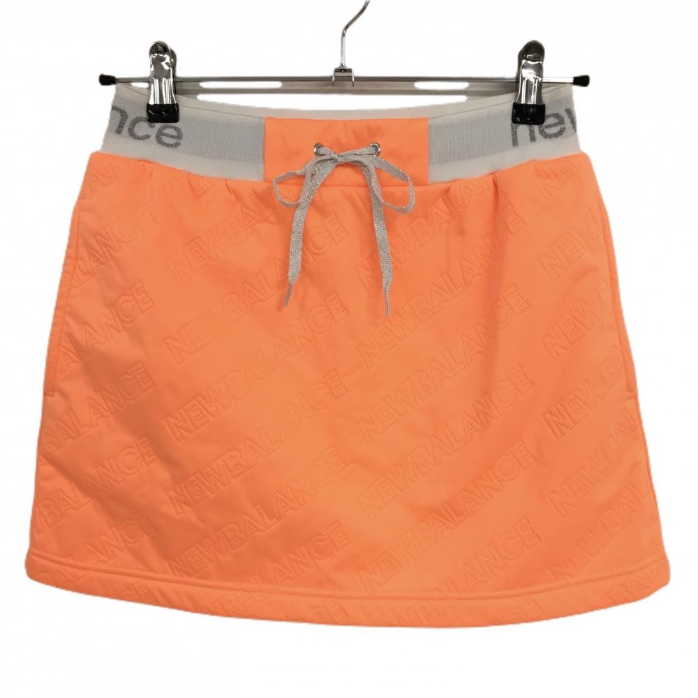 【超美品】ニューバランスゴルフ スカート 蛍光オレンジ 英字ロゴ総柄 裏起毛 ウエストゴム レディース 0(S) ゴルフウェア New Balance