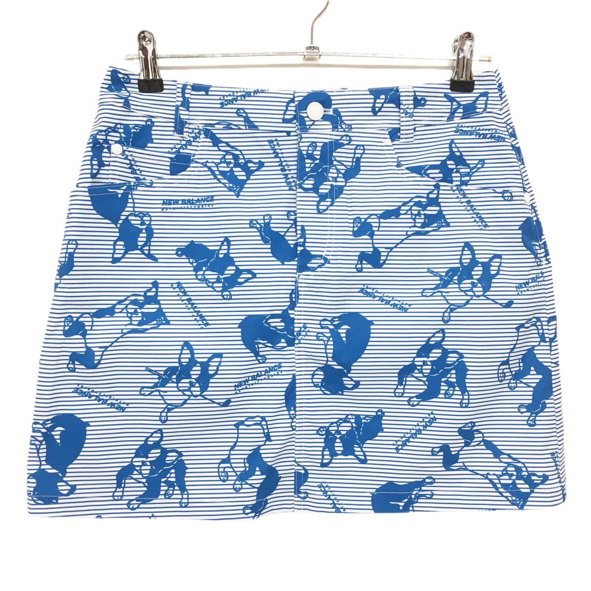 【超美品】ニューバランスゴルフ スカート 白×ブルー イヌ総柄 ボーダー  レディース 2(L) ゴルフウェア New Balance