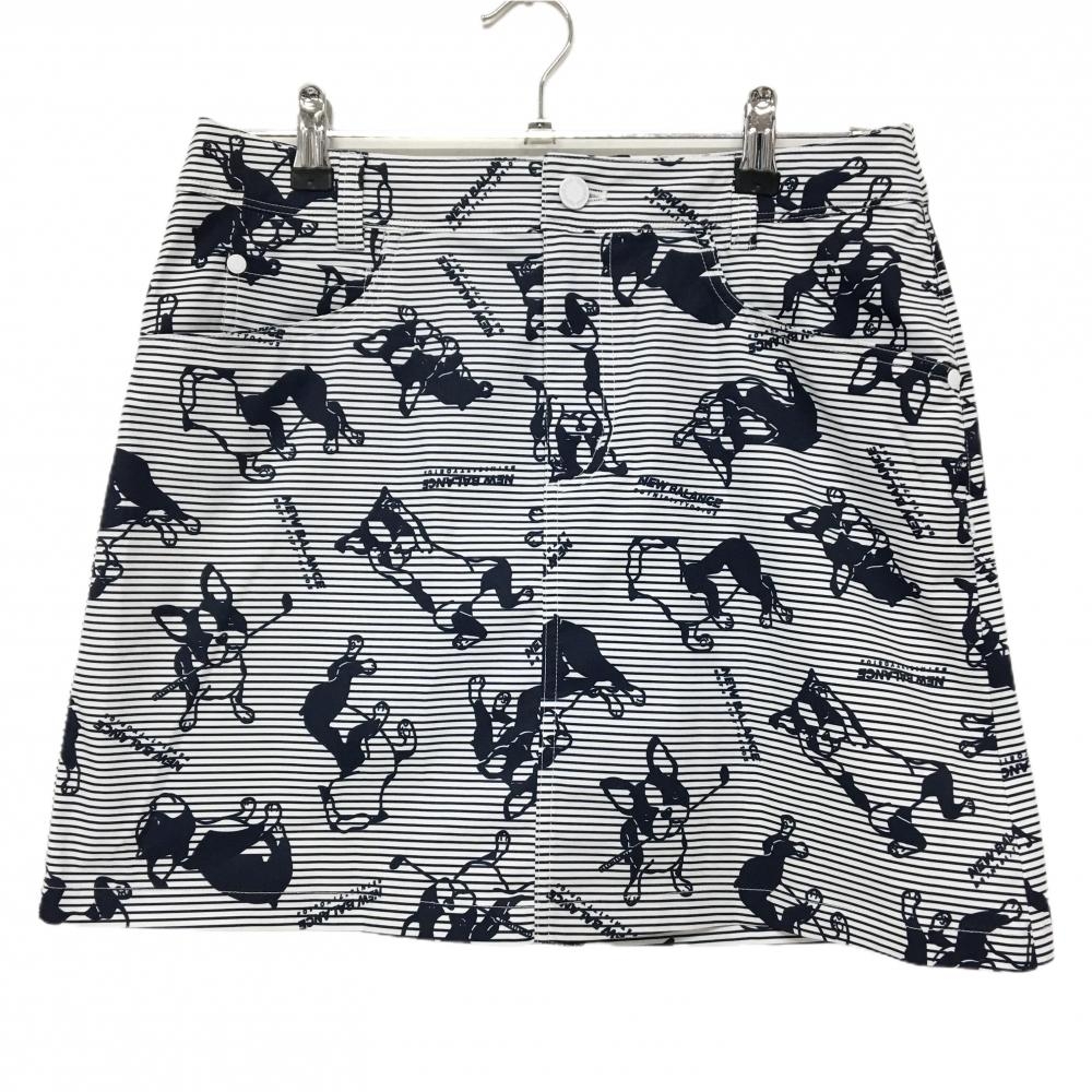 【超美品】ニューバランスゴルフ スカート 白×ネイビー ボーダー 犬総柄 レディース 2(L) ゴルフウェア New Balance