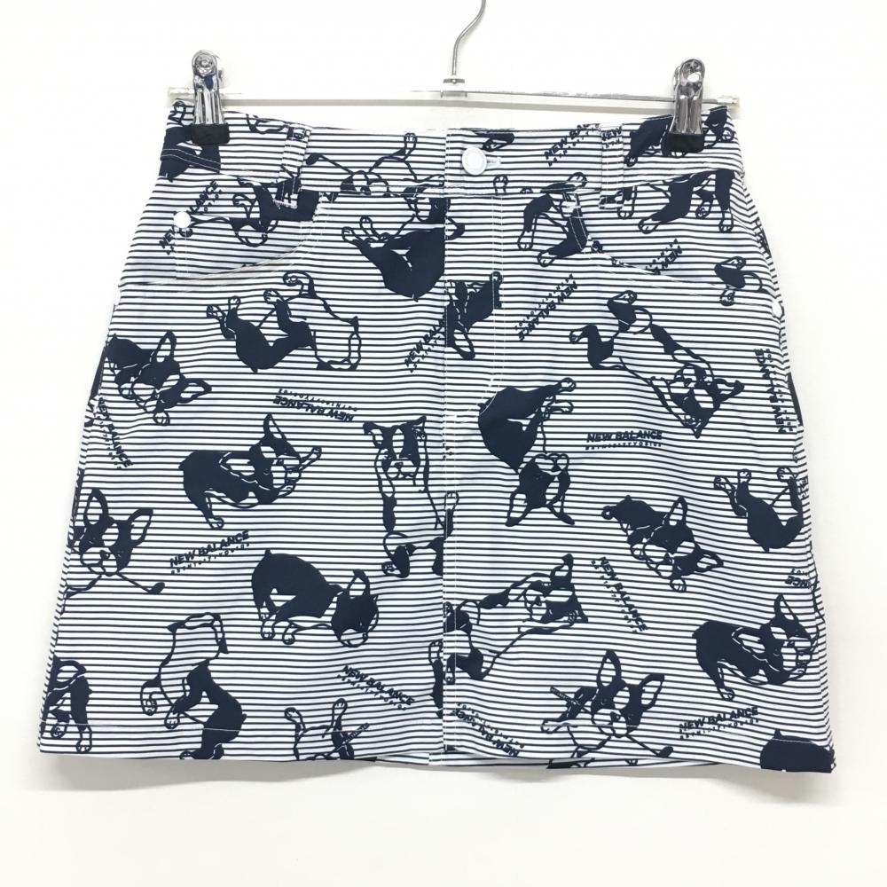 【美品】ニューバランスゴルフ スカート 白×ネイビー ボーダー ドッグ総柄 レディース 0(S) ゴルフウェア New Balance
