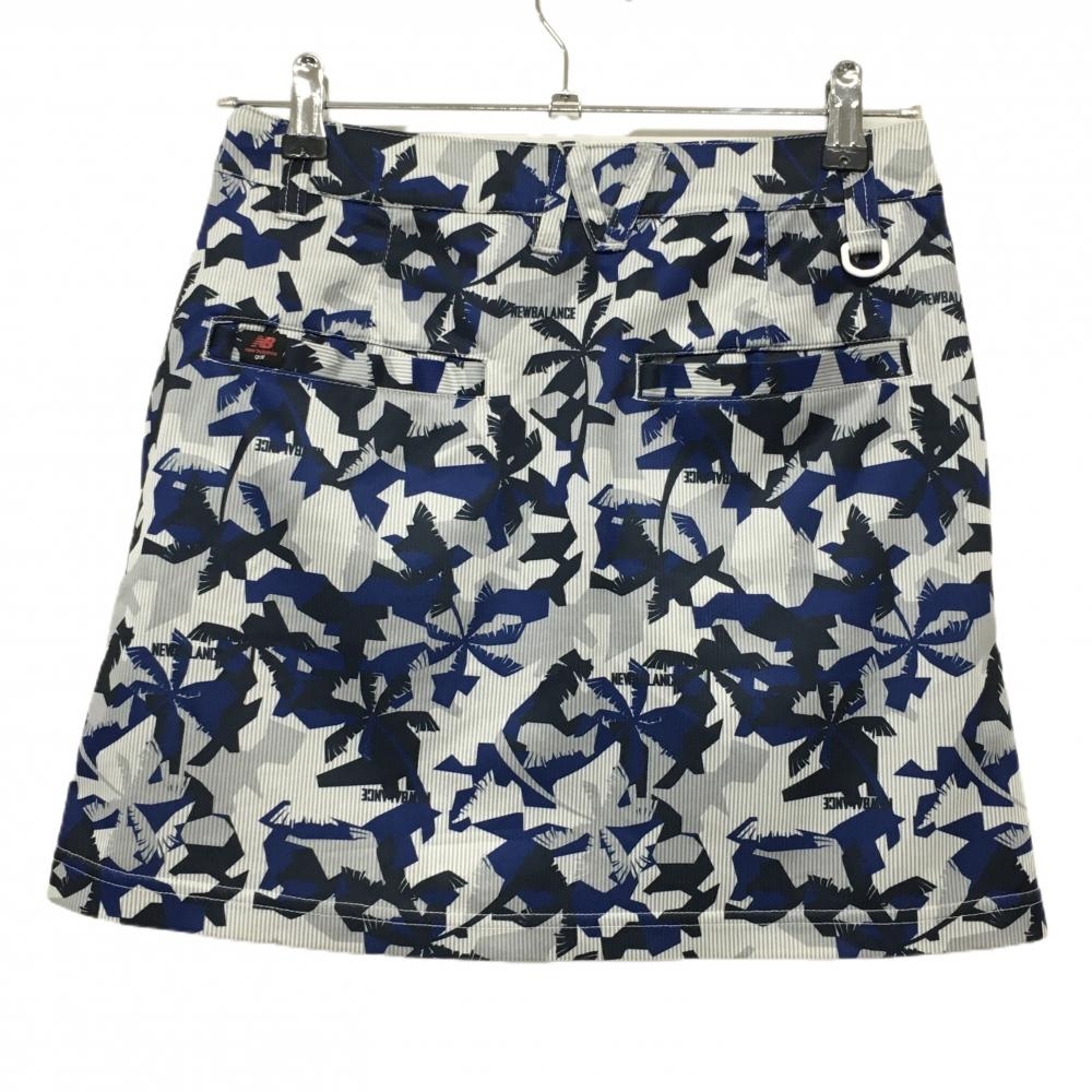 【美品】ニューバランスゴルフ スカート 白×グレー×ネイビー 細ストライプ ヤシの木総柄 レディース 0(S) ゴルフウェア New Balance