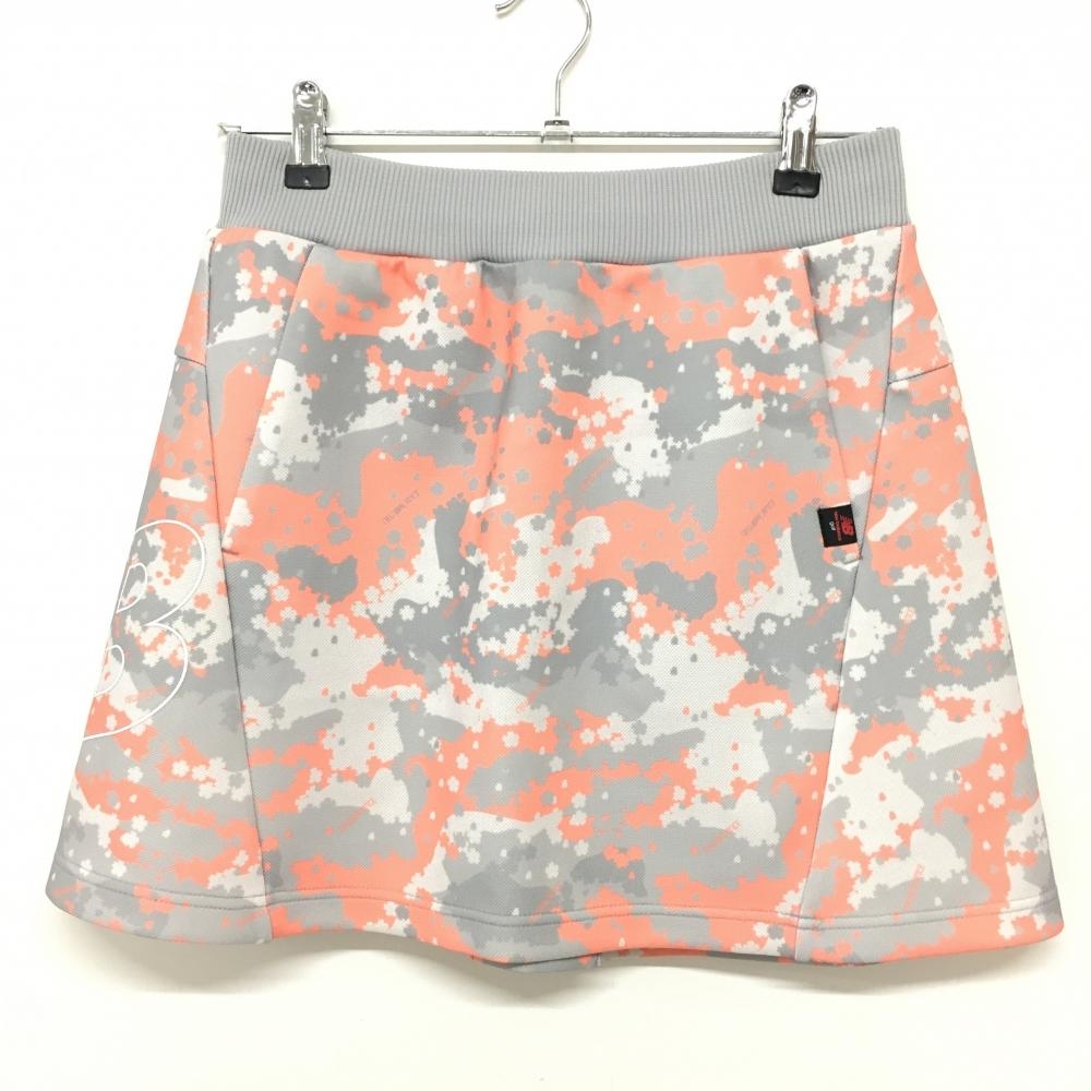 【超美品】ニューバランスゴルフ スカート グレー×サーモンピンク カモフラ風 ウエスト調節紐 レディース 1(M) ゴルフウェア New Balance