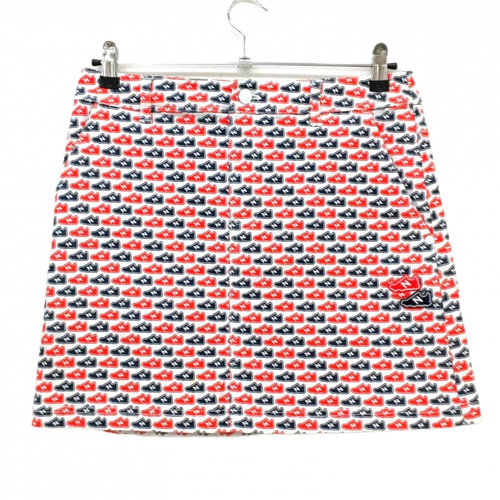 【美品】ニューバランスゴルフ スカート 白×レッド×ネイビー スニーカー総柄 ストレッチ レディース 1(M) ゴルフウェア New Balance